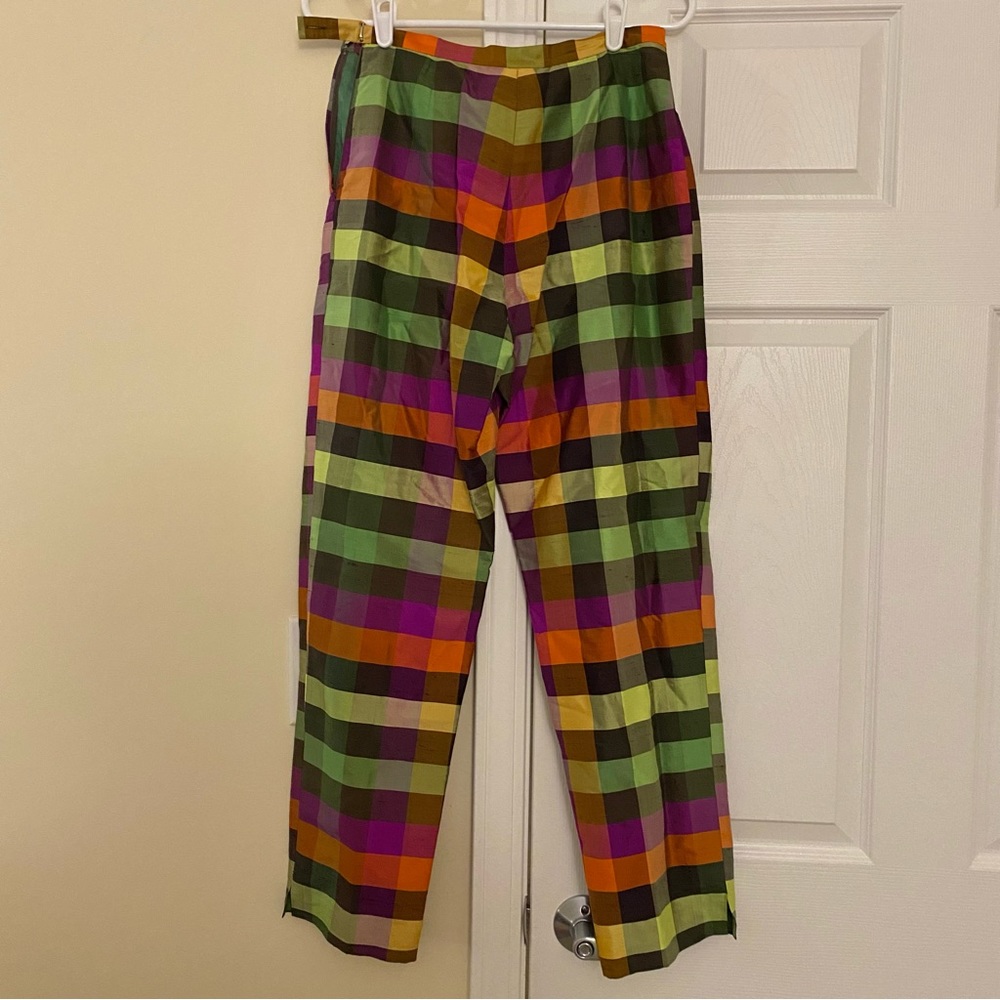 Vintage 90's Luminous High Waisted Silk Jewel Tone Check Trousers 🌈